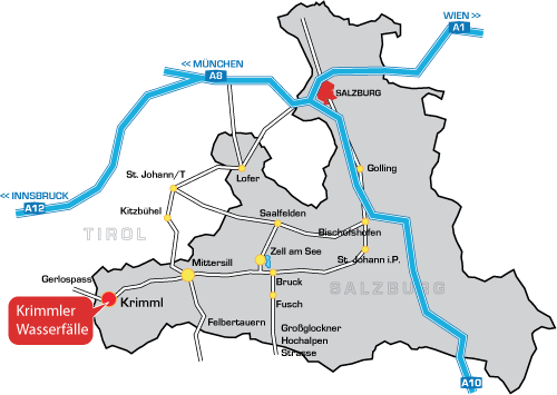 Krimml liegt im Westen des Landes Salzburg an der Grenze zu Tirol und Südtirol